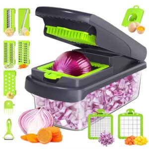 Coupe-Légumes Manuel 12-en-1 – Lames Inox, Éplucheur, Bac, Emporte-Pièce – Idéal Carottes, Oignons, Pommes de Terre