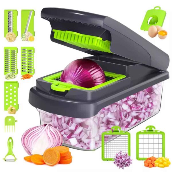 Coupe-Légumes Manuel 12-en-1 – Lames Inox, Éplucheur, Bac, Emporte-Pièce – Idéal Carottes, Oignons, Pommes de Terre